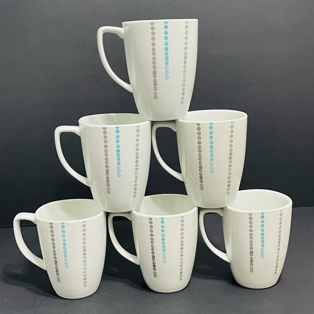 Corelle Coordinates Raindrops Set Of 6 Coffee/Tea Mugs 12oz Aqua And Gray Dots